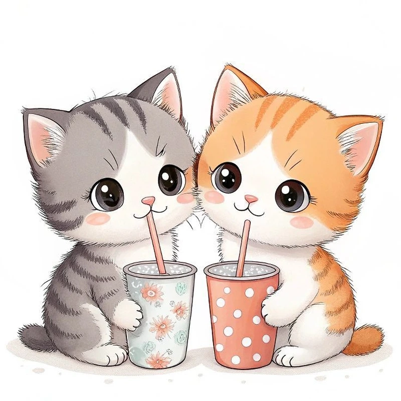 Thêm chút tinh nghịch với mèo chibi uống trà sữa đáng yêu