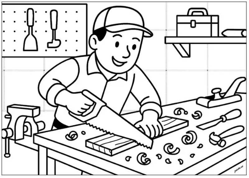 Tranh tô màu nghề mộc giúp bé nhận biết công cụ lao động