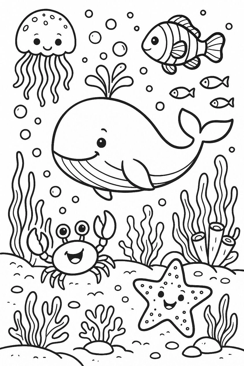 Hình ảnh tô màu con vật sống dưới nước rõ nét phù hợp cho bé