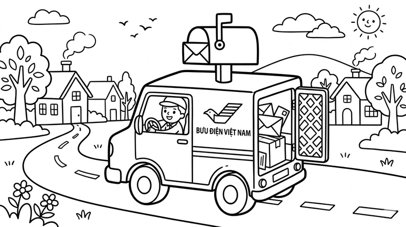 Bé mới tập tô hãy thử tranh tô màu xe chở thư bưu điện đơn giản cực dễ vẽ