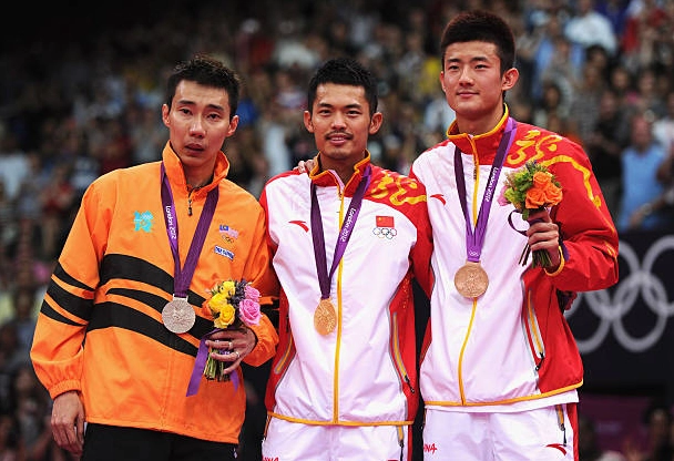 Bục nhận huy chương Olympic London 2012 với sự góp mặt của Lin Dan Lee Chong Wei và Chen Long