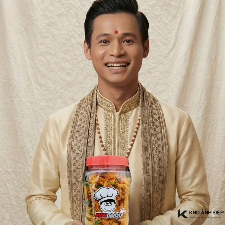 Hình ảnh chế vui nhộn Độ Mixi hóa thân thành người Ấn Độ cầm hộp khô gà vô cùng duyên dáng