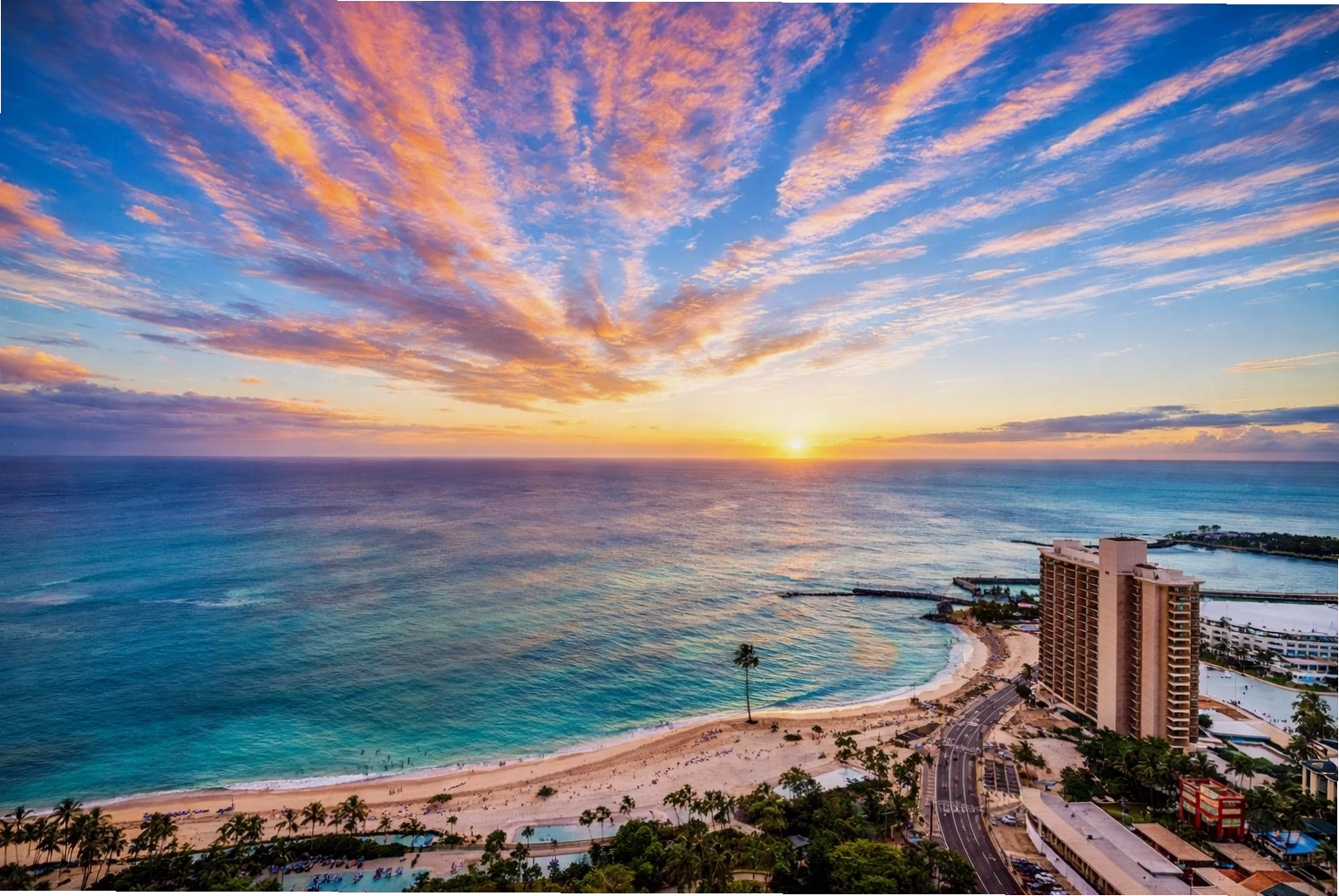 Bãi biển Waikiki Hawaii với bờ cát vàng và làn nước trong xanh