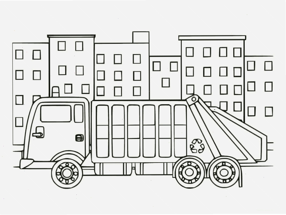 Bức tranh tô màu cảnh xe chở rác hoạt động trong thành phố