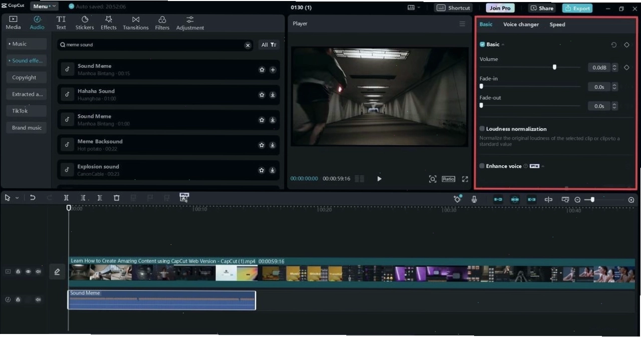 Giao diện ứng dụng CapCut hiển thị chức năng thêm âm thanh vào video