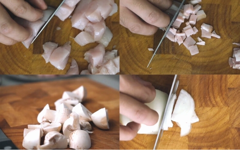 Sơ chế nguyên liệu nấm mỡ và thịt xông khói cho món pasta