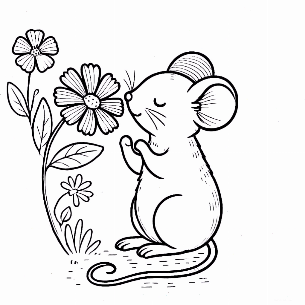Tranh tô màu con chuột ngửi hoa trong vườn