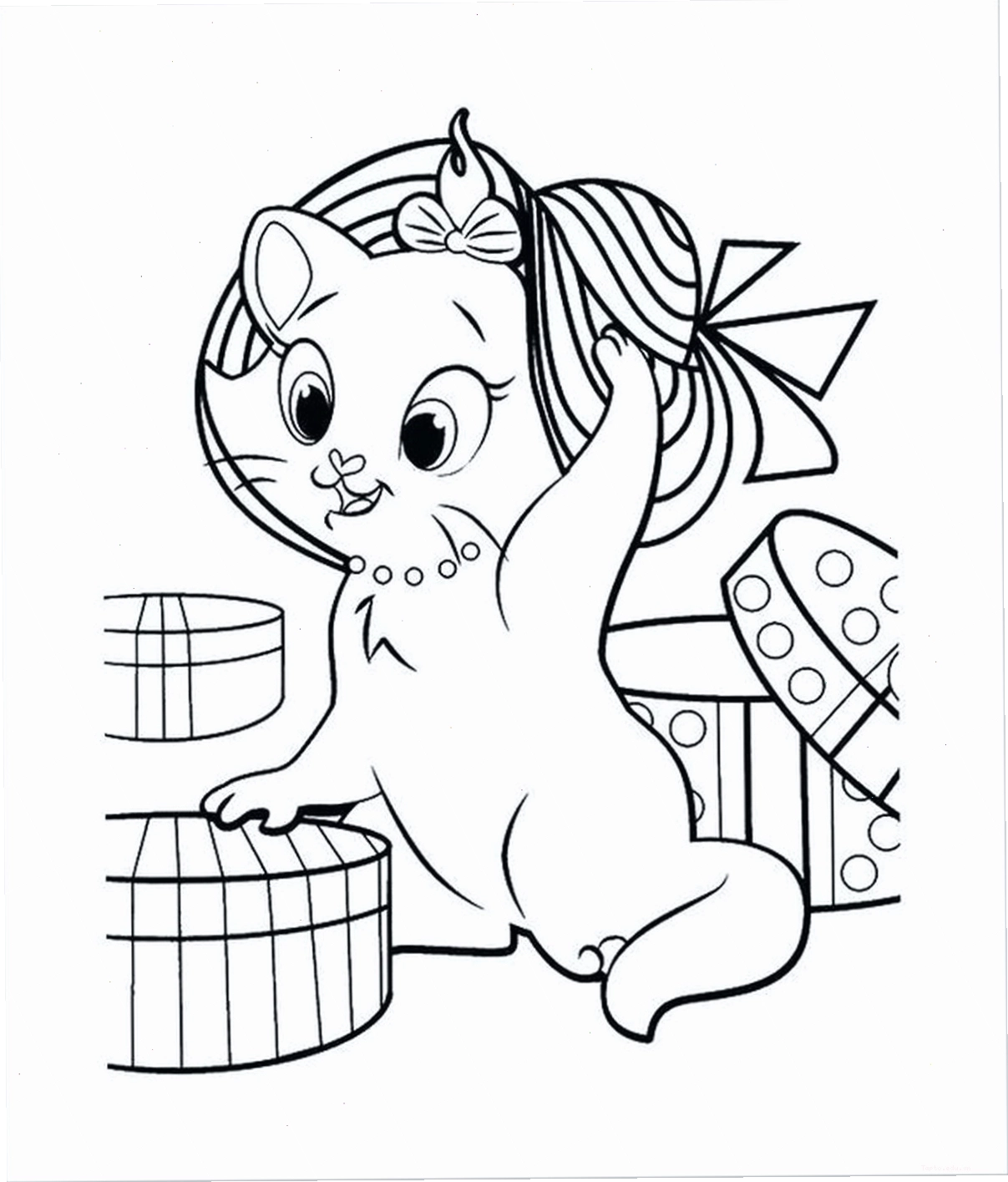 Tranh tô màu con mèo chibi đang cười tươi