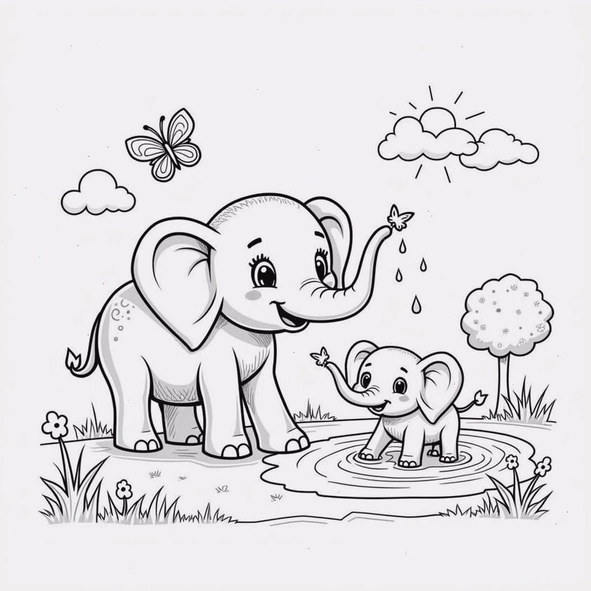 Tranh tô màu con voi số 2 đang chơi đùa