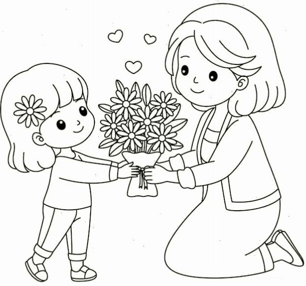 Tranh tô màu mẹ ôm bé gái thể hiện tình cảm ấm áp