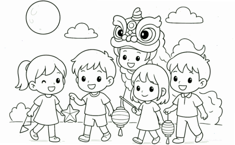 Tranh tô màu múa lân ngày Tết
