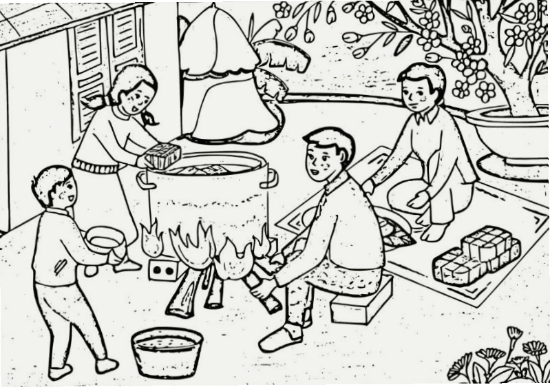 Tranh tô màu ngày Tết với hình ảnh gói bánh chưng