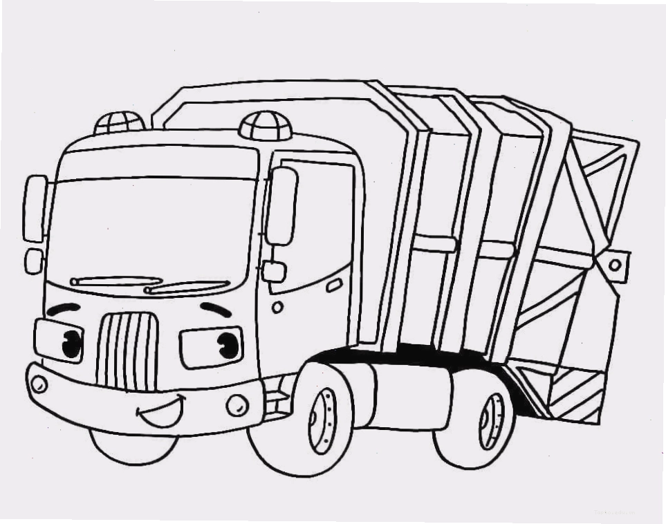 Tranh tô màu xe chở rác hoạt hình với khuôn mặt biểu cảm