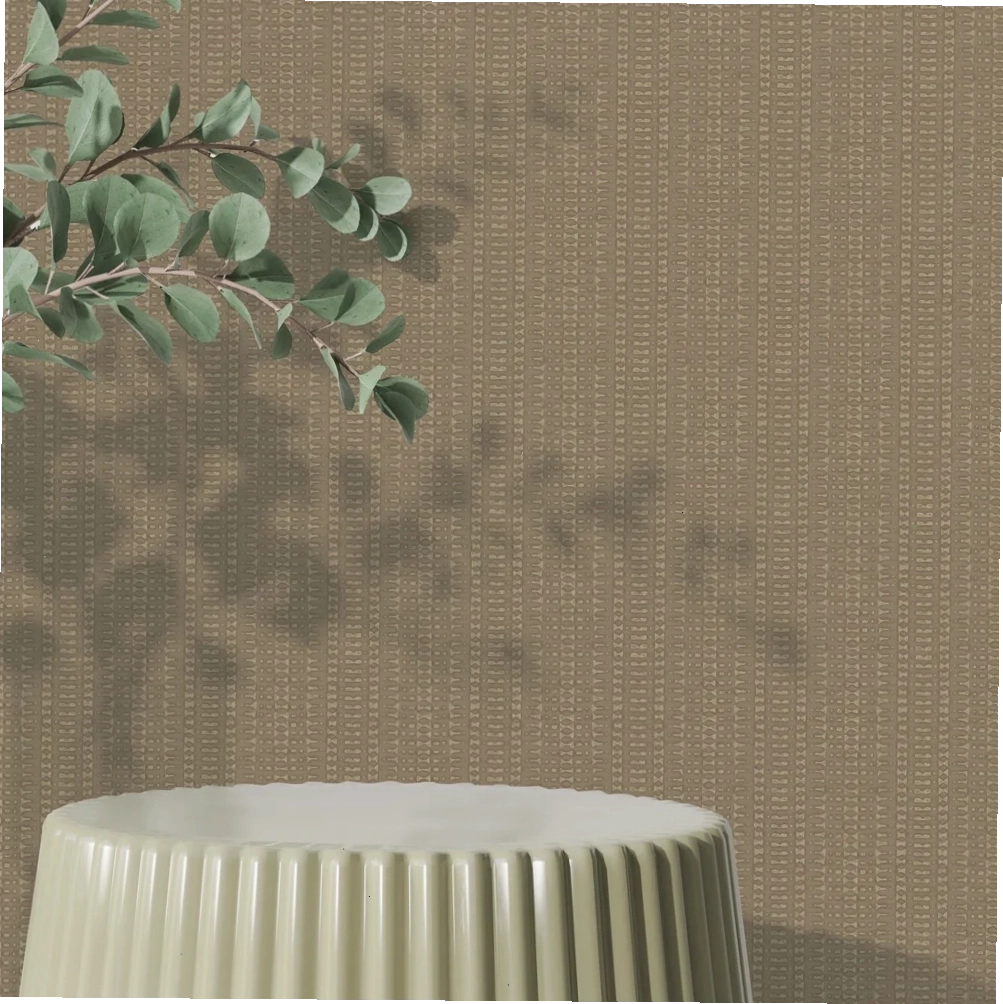 Green table in a room with macadamia batik stripe wallpaper