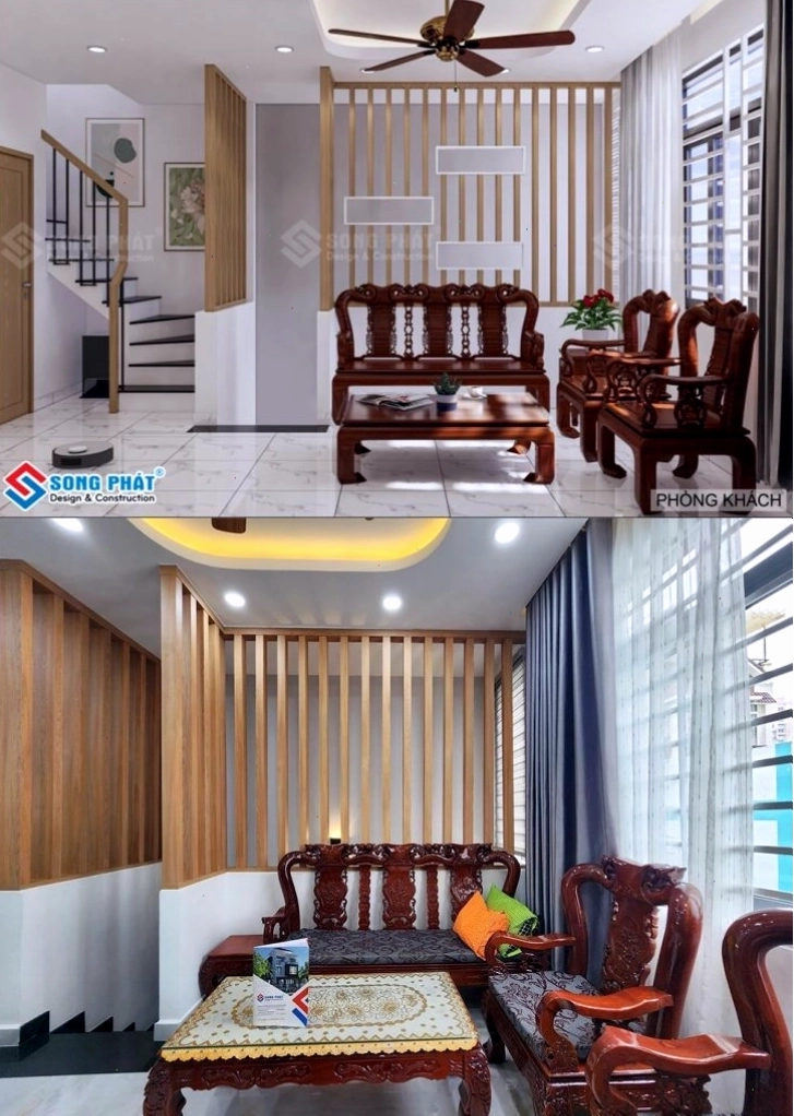 Không gian phòng khách ngôi nhà trệt 2 lầu sân thượng sang trọng