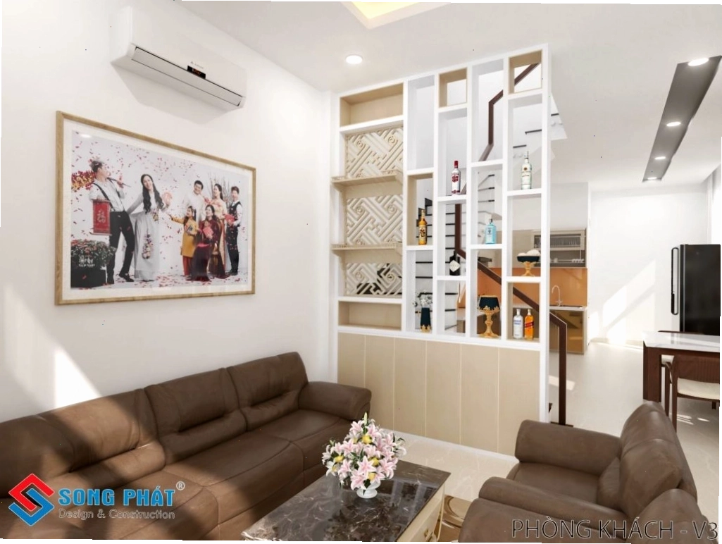 Mẫu phòng khách đẹp 14m2 của chị Ngọc với gam màu trung tính