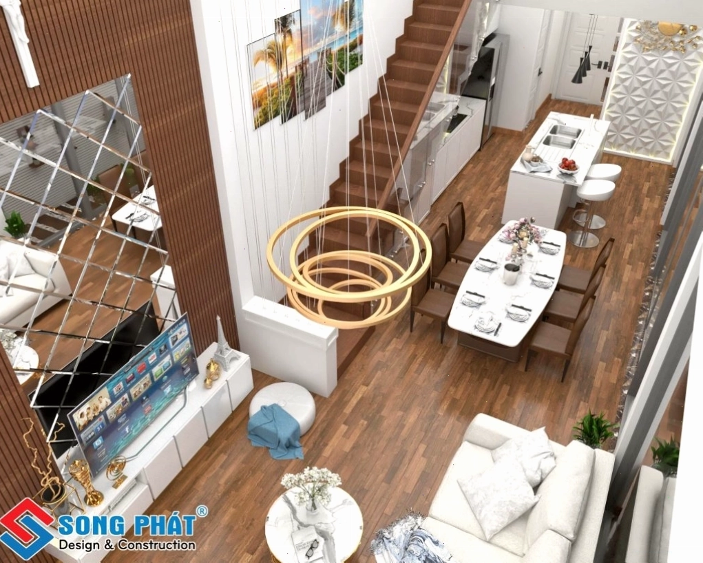 Phòng khách nhỏ gọn liền bếp với thiết kế đẹp
